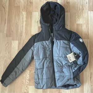 NWT BEARPAW BOYS HOODED POCKETS ZIPPER QUILTED PUFFER JACKET BLACK & GREY SZ 14